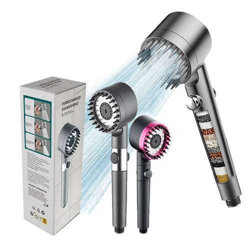 HKM-851795 Adjustable 4-Function Handheld Shower Head with Massage Brush and Pressurized Spray