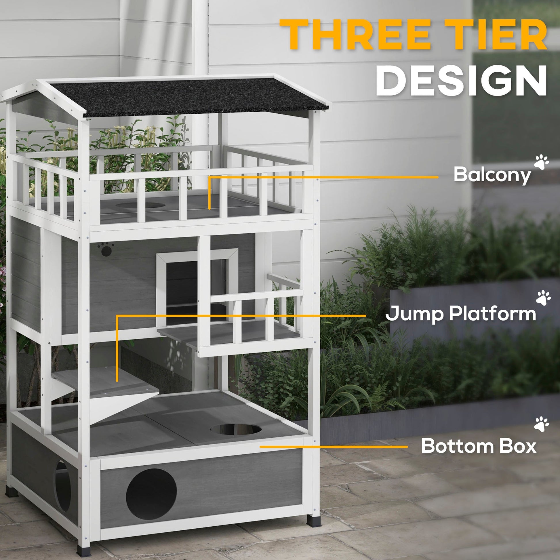 HKM-8518973 Wooden Outdoor Cat House with Asphalt Roof, Escape Doors, and Jumping Platform in Light Gray