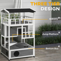 HKM-8518973 Wooden Outdoor Cat House with Asphalt Roof, Escape Doors, and Jumping Platform in Light Gray