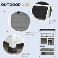 HKM-8518973 Wooden Outdoor Cat House with Asphalt Roof, Escape Doors, and Jumping Platform in Light Gray