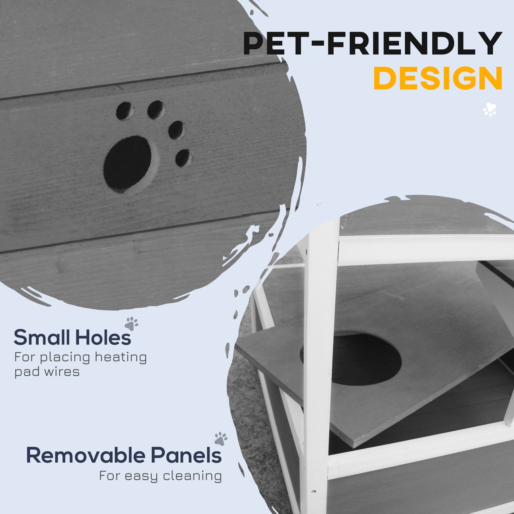 HKM-8518973 Wooden Outdoor Cat House with Asphalt Roof, Escape Doors, and Jumping Platform in Light Gray