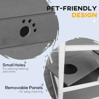 HKM-8518973 Wooden Outdoor Cat House with Asphalt Roof, Escape Doors, and Jumping Platform in Light Gray