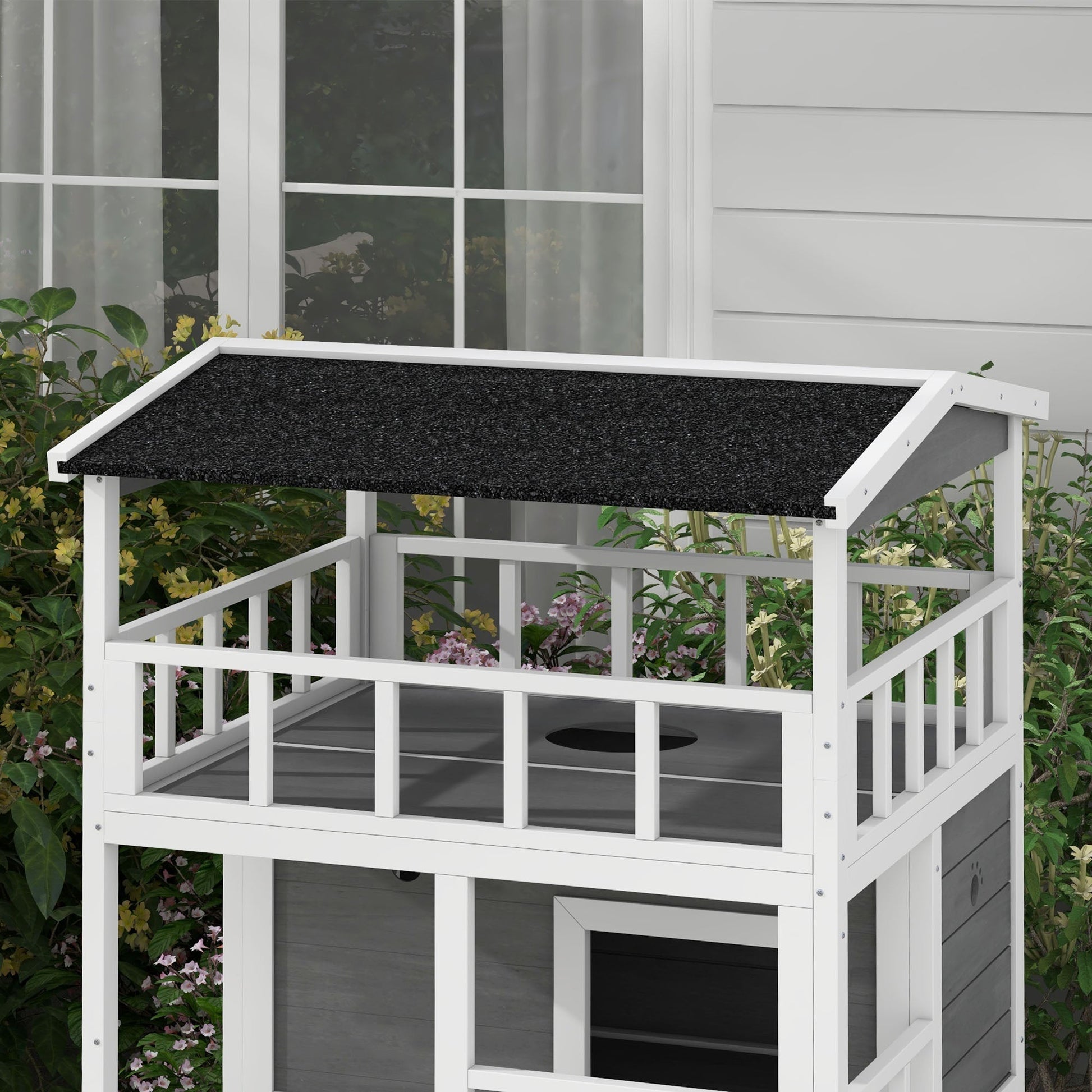 HKM-8518973 Wooden Outdoor Cat House with Asphalt Roof, Escape Doors, and Jumping Platform in Light Gray