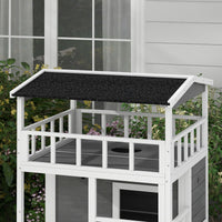 HKM-8518973 Wooden Outdoor Cat House with Asphalt Roof, Escape Doors, and Jumping Platform in Light Gray