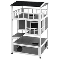 HKM-8518973 Wooden Outdoor Cat House with Asphalt Roof, Escape Doors, and Jumping Platform in Light Gray