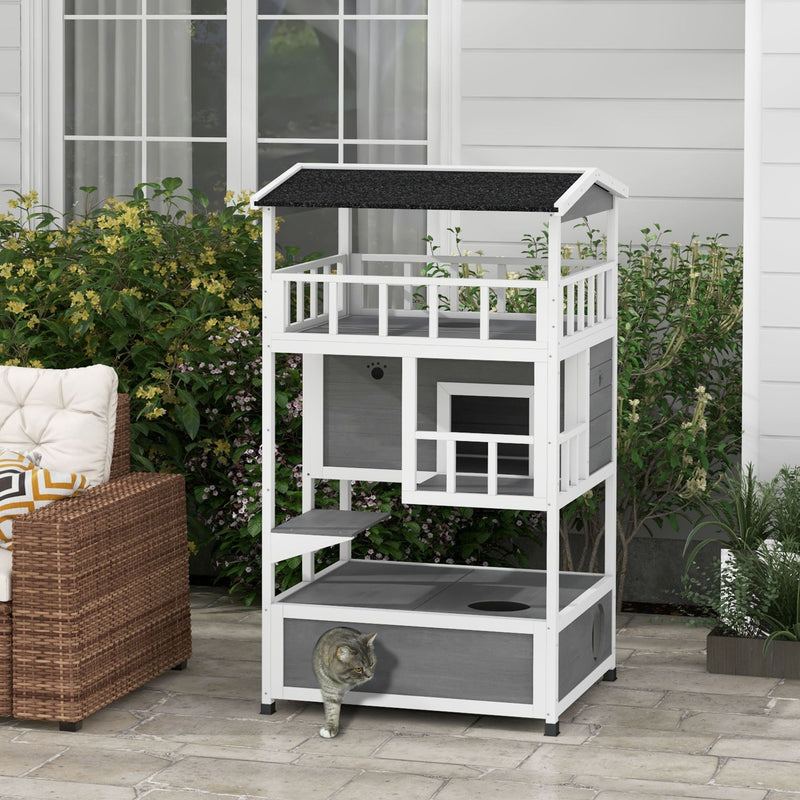 HKM-8518973 Wooden Outdoor Cat House with Asphalt Roof, Escape Doors, and Jumping Platform in Light Gray