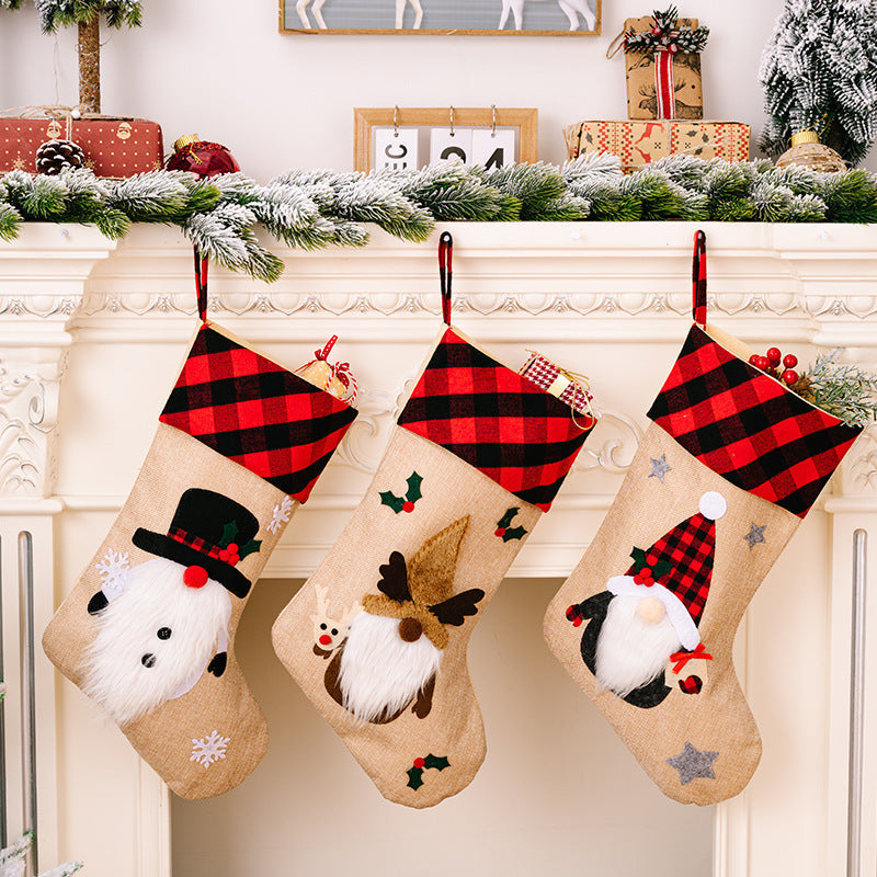 HKM-852371 Red and Black Plaid Christmas Embroidered Window Pendant with Snowman, Old Man, and Elk Designs, 46x21CM