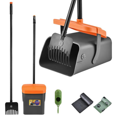 HKM-852435 Heavy Duty Dog Poop Rake & Swiveling Bin with Extra Long Handle and Waste Bag Dispenser