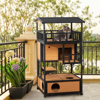 HKM-8524733 Feral Cat Shelter with Asphalt Roof, Escape Doors, and Jumping Platform, Yellow Fir Wood Design