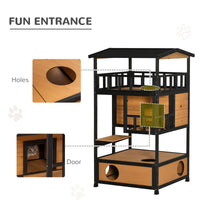 HKM-8524733 Feral Cat Shelter with Asphalt Roof, Escape Doors, and Jumping Platform, Yellow Fir Wood Design