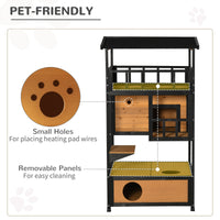 HKM-8524733 Feral Cat Shelter with Asphalt Roof, Escape Doors, and Jumping Platform, Yellow Fir Wood Design