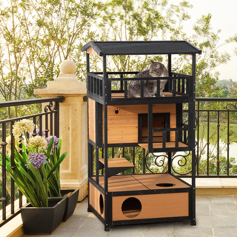 HKM-8524733 Feral Cat Shelter with Asphalt Roof, Escape Doors, and Jumping Platform, Yellow Fir Wood Design