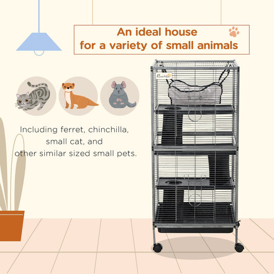 HKM-8526141 Large 4-Tier Gray Metal Small Animal Cage with Removable Tray and Hammock for Ferrets and Chinchillas