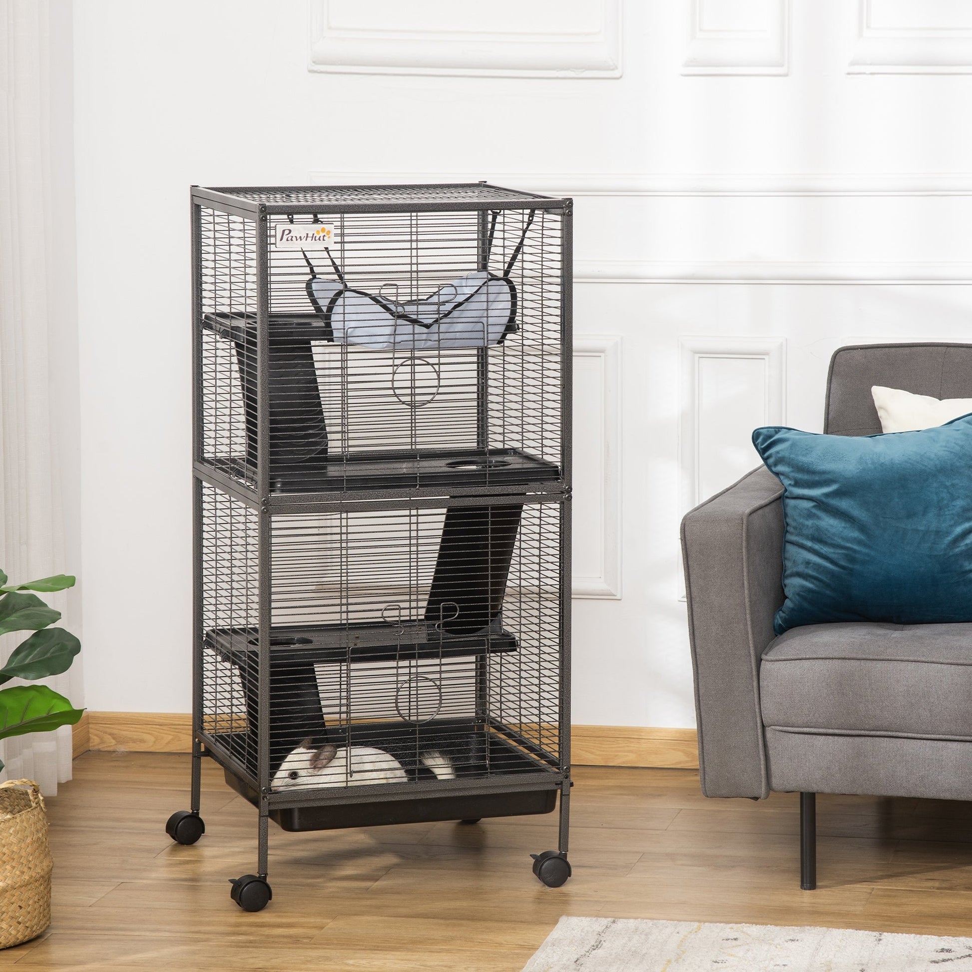 HKM-8526141 Large 4-Tier Gray Metal Small Animal Cage with Removable Tray and Hammock for Ferrets and Chinchillas
