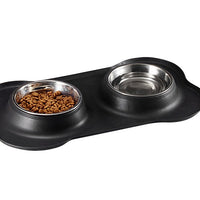 HKM-8526653 Bone-Shaped Silicone Double Bowl for Pets - Soft Plastic & Stainless Steel, Non-Slip, Easy to Clean, Dual-Purpose Design