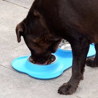 HKM-8526653 Bone-Shaped Silicone Double Bowl for Pets - Soft Plastic & Stainless Steel, Non-Slip, Easy to Clean, Dual-Purpose Design