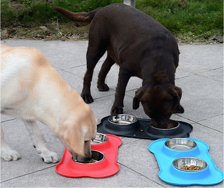HKM-8526653 Bone-Shaped Silicone Double Bowl for Pets - Soft Plastic & Stainless Steel, Non-Slip, Easy to Clean, Dual-Purpose Design