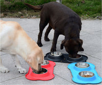 HKM-8526653 Bone-Shaped Silicone Double Bowl for Pets - Soft Plastic & Stainless Steel, Non-Slip, Easy to Clean, Dual-Purpose Design