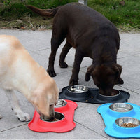 HKM-8526653 Bone-Shaped Silicone Double Bowl for Pets - Soft Plastic & Stainless Steel, Non-Slip, Easy to Clean, Dual-Purpose Design