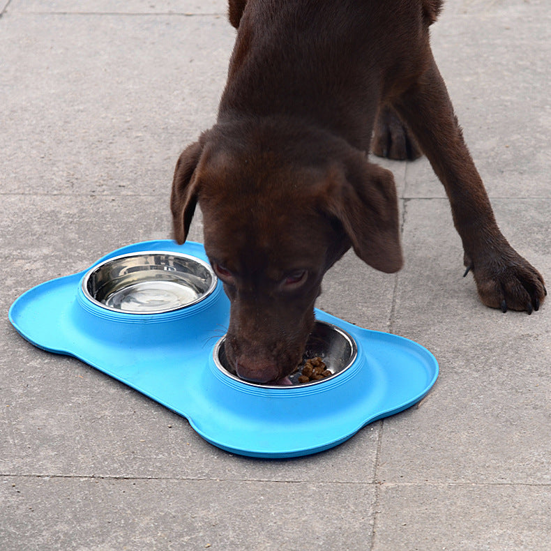 HKM-8526653 Bone-Shaped Silicone Double Bowl for Pets - Soft Plastic & Stainless Steel, Non-Slip, Easy to Clean, Dual-Purpose Design