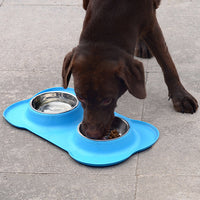 HKM-8526653 Bone-Shaped Silicone Double Bowl for Pets - Soft Plastic & Stainless Steel, Non-Slip, Easy to Clean, Dual-Purpose Design