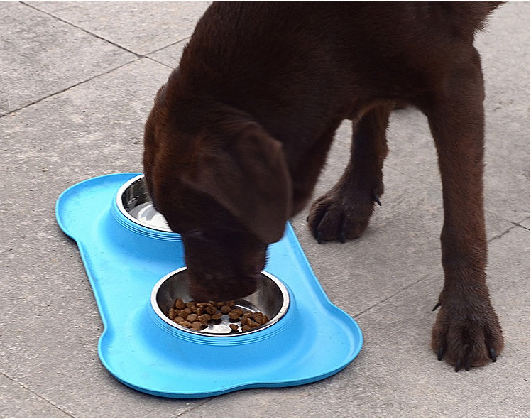 HKM-8526653 Bone-Shaped Silicone Double Bowl for Pets - Soft Plastic & Stainless Steel, Non-Slip, Easy to Clean, Dual-Purpose Design