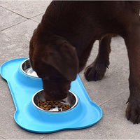 HKM-8526653 Bone-Shaped Silicone Double Bowl for Pets - Soft Plastic & Stainless Steel, Non-Slip, Easy to Clean, Dual-Purpose Design