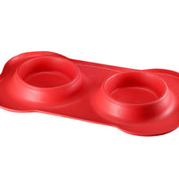 HKM-8526653 Bone-Shaped Silicone Double Bowl for Pets - Soft Plastic & Stainless Steel, Non-Slip, Easy to Clean, Dual-Purpose Design
