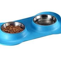 HKM-8526653 Bone-Shaped Silicone Double Bowl for Pets - Soft Plastic & Stainless Steel, Non-Slip, Easy to Clean, Dual-Purpose Design