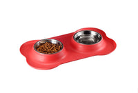HKM-8526653 Bone-Shaped Silicone Double Bowl for Pets - Soft Plastic & Stainless Steel, Non-Slip, Easy to Clean, Dual-Purpose Design