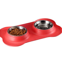 HKM-8526653 Bone-Shaped Silicone Double Bowl for Pets - Soft Plastic & Stainless Steel, Non-Slip, Easy to Clean, Dual-Purpose Design