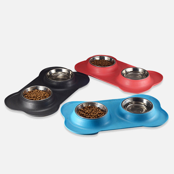 HKM-8526653 Bone-Shaped Silicone Double Bowl for Pets - Soft Plastic & Stainless Steel, Non-Slip, Easy to Clean, Dual-Purpose Design