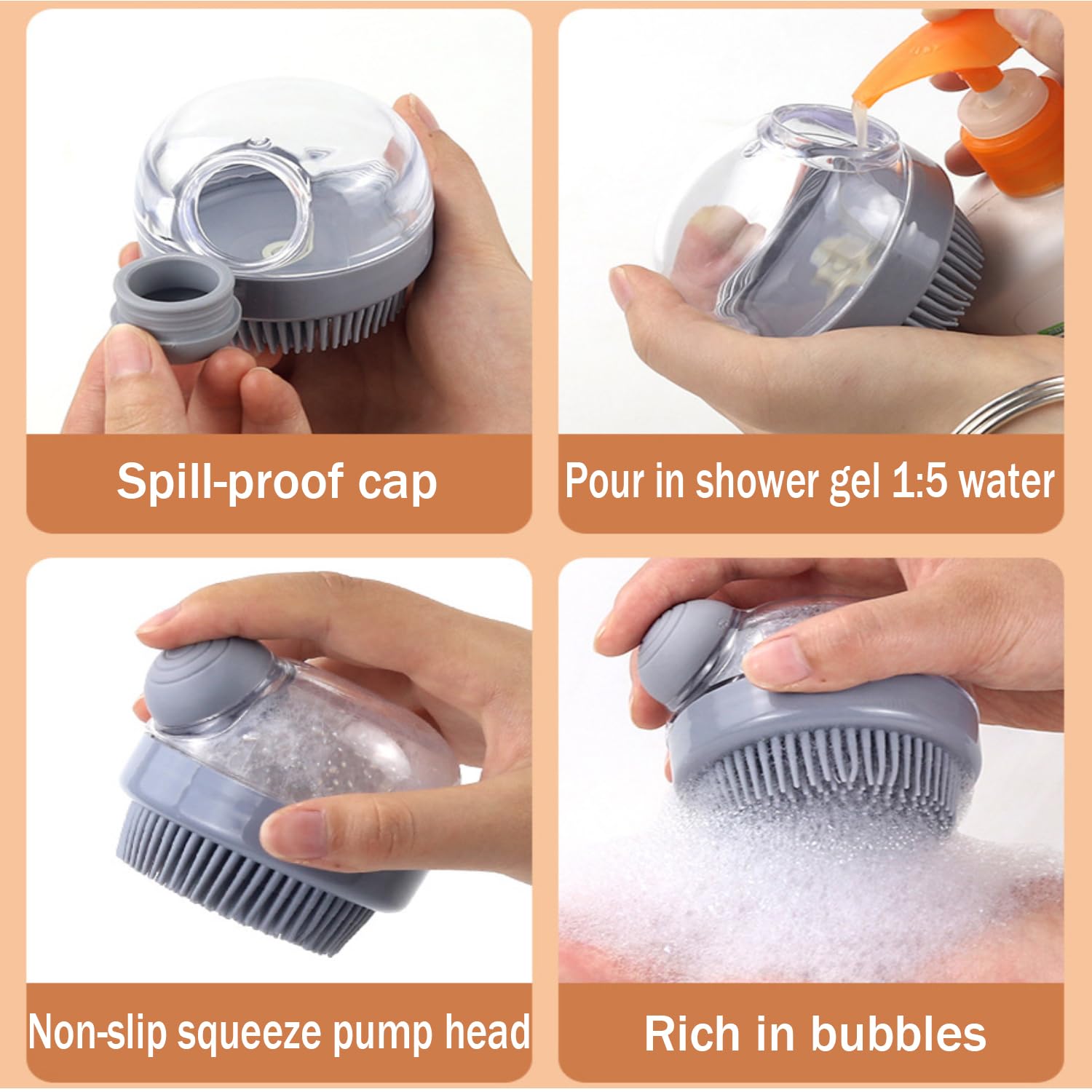 HKM-8527933 Soft Silicone Dog Brush with Soap Dispenser for Grooming and Massage - Pink and Grey
