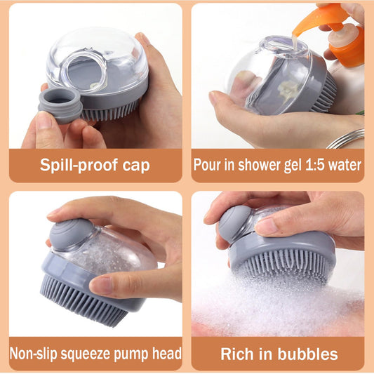 HKM-8527933 Soft Silicone Dog Brush with Soap Dispenser for Grooming and Massage - Pink and Grey