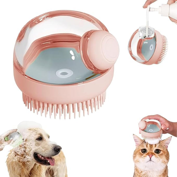 HKM-8527933 Soft Silicone Dog Brush with Soap Dispenser for Grooming and Massage - Pink and Grey
