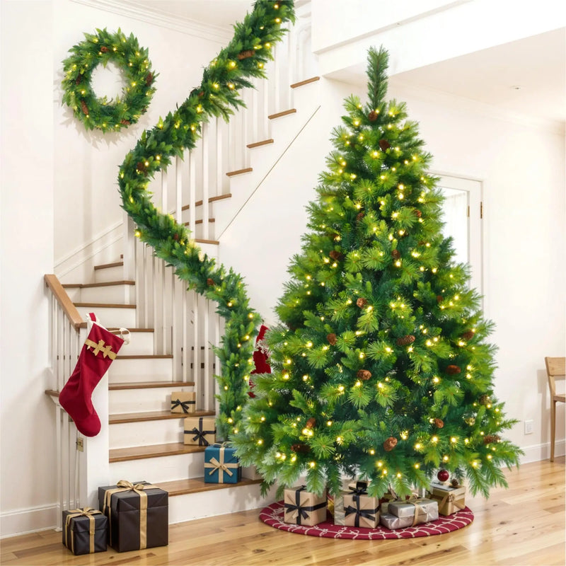 HKM-853523 6FT Pre-Lit Artificial Pine Christmas Tree with Green Wreath and Garland Set, Large Branches