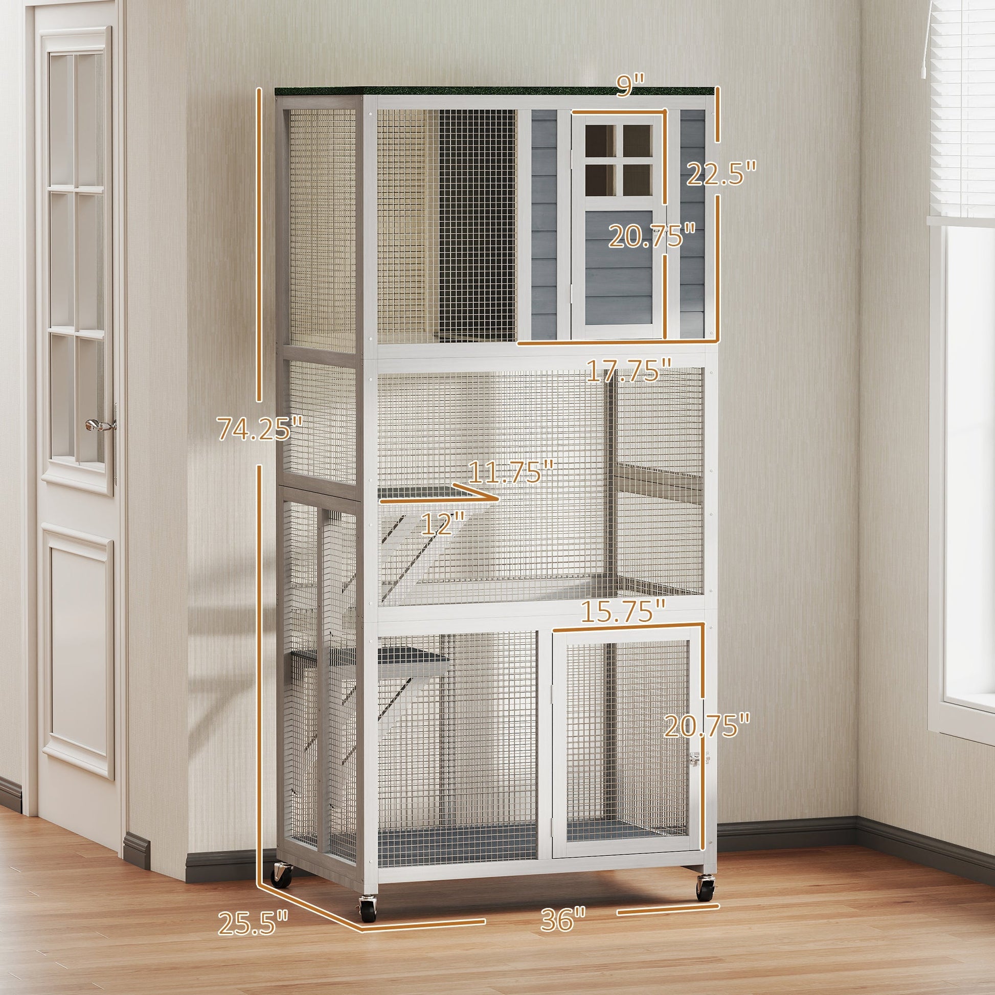 HKM-8536253 Outdoor Wooden Cat Enclosure with Weatherproof Roof and Wheels, 74" High, Holds Cats up to 13 lbs.