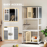 HKM-8536253 Outdoor Wooden Cat Enclosure with Weatherproof Roof and Wheels, 74" High, Holds Cats up to 13 lbs.