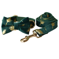 HKM-853779 Emerald Feather Pattern Cotton Pet Collar and Leash Set with Bow