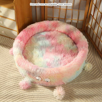 HKM-8540221 Cozy Round Monster Cat Bed for Dogs and Cats - Winter Warm Nest and Teaser Pad