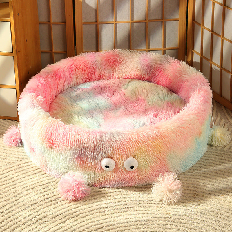 HKM-8540221 Cozy Round Monster Cat Bed for Dogs and Cats - Winter Warm Nest and Teaser Pad