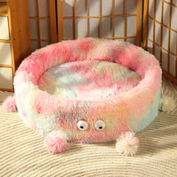 HKM-8540221 Cozy Round Monster Cat Bed for Dogs and Cats - Winter Warm Nest and Teaser Pad