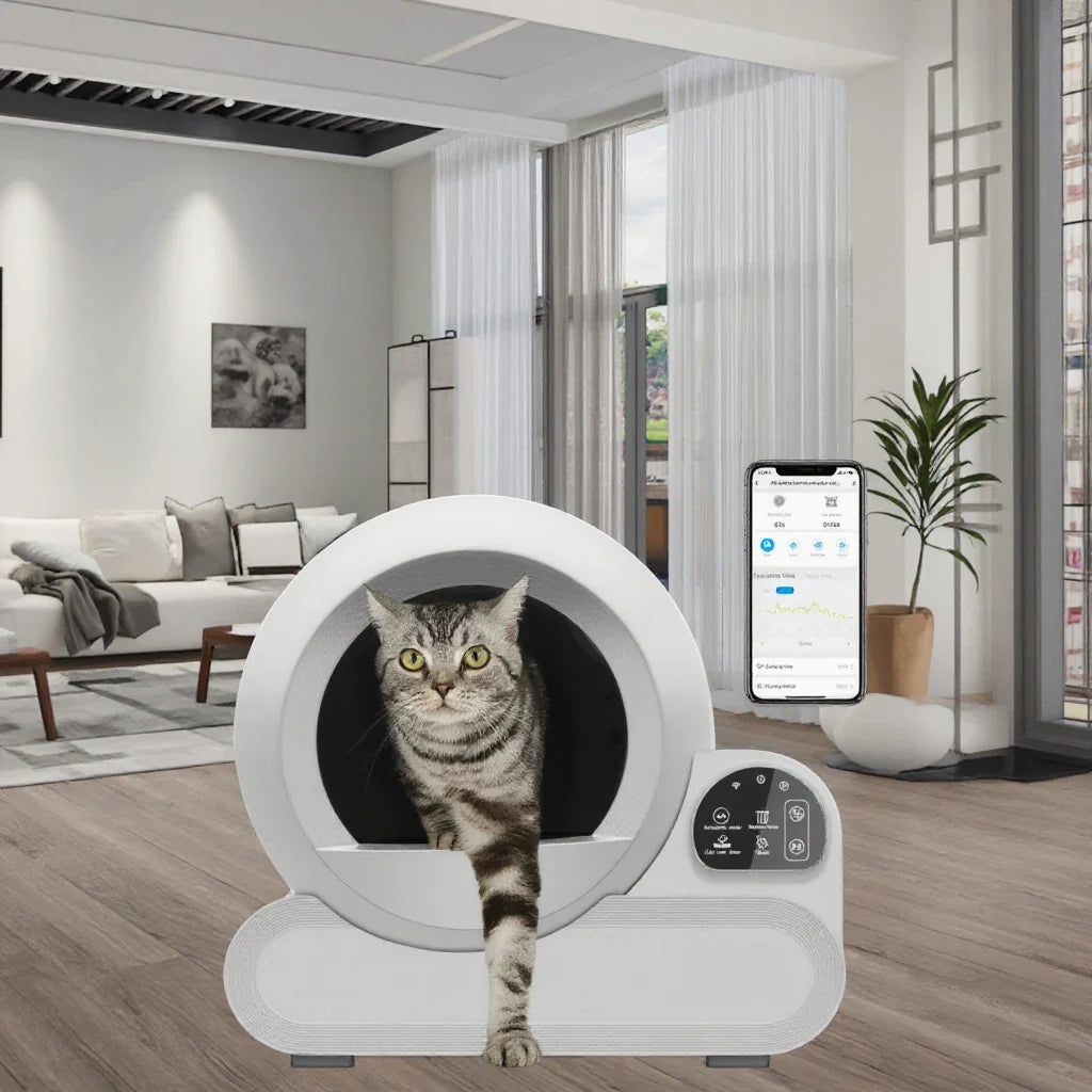 HKM-854355 Smart WiFi-Controlled Large Capacity 70L Cat Litter Box with Automatic Cleaning and Easy Maintenance