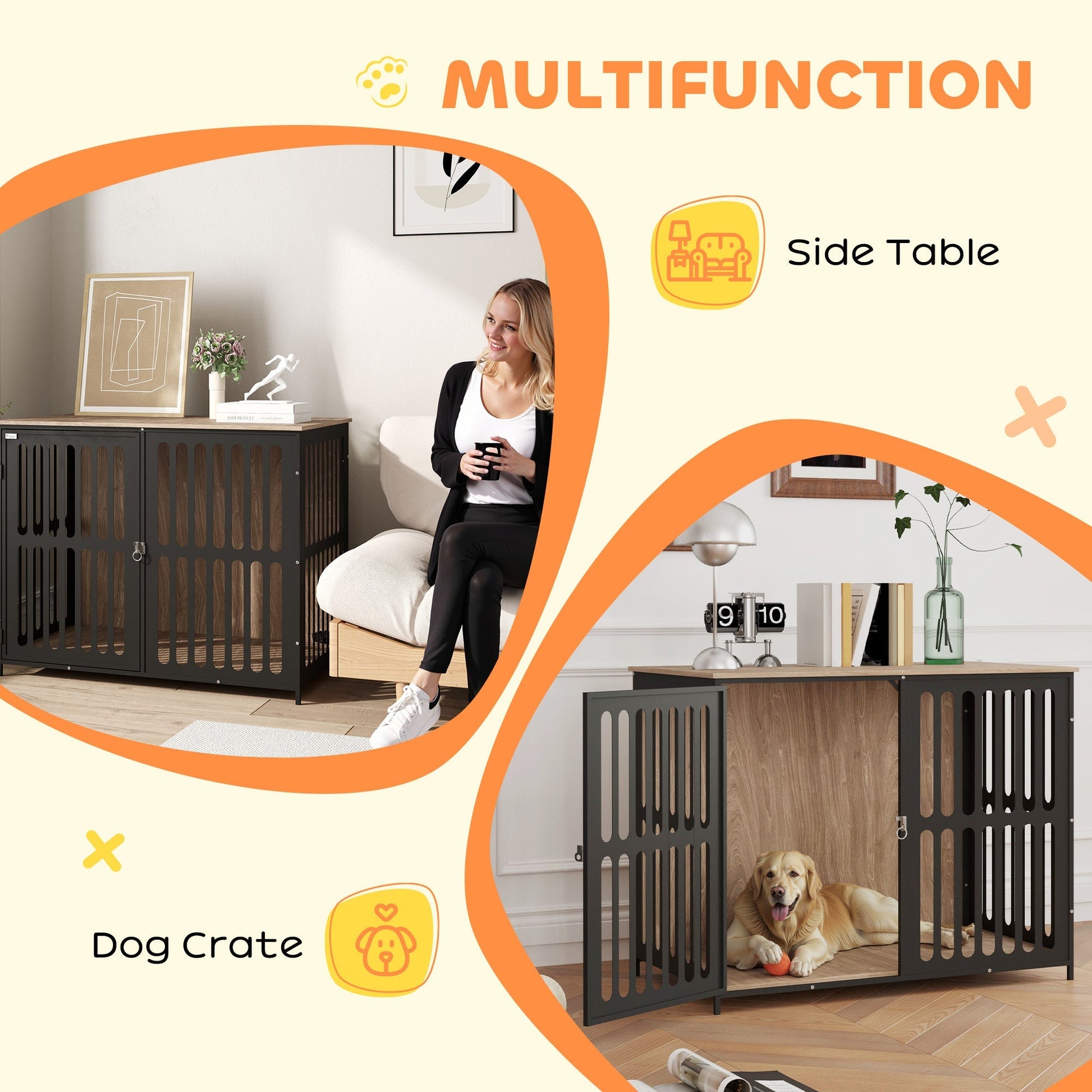HKM-8545597 Dog Crate Furniture with Anti-Chew Mesh and Escape-Proof Single Door for Large Dogs, Walnut Brown