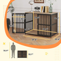 HKM-8545597 Dog Crate Furniture with Anti-Chew Mesh and Escape-Proof Single Door for Large Dogs, Walnut Brown