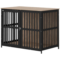 HKM-8545597 Dog Crate Furniture with Anti-Chew Mesh and Escape-Proof Single Door for Large Dogs, Walnut Brown