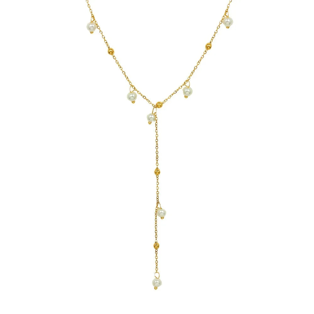 HKM-854611 Exquisite 18K Gold Plated Imitation Pearl Satellite Dainty Chain Tassel Necklace Stainless Steel Jewelry