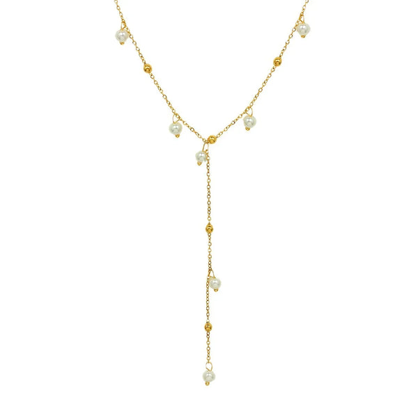 HKM-854611 Exquisite 18K Gold Plated Imitation Pearl Satellite Dainty Chain Tassel Necklace Stainless Steel Jewelry