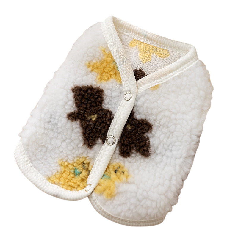 HKM-8546493 Cozy Teddy Bear Print Sherpa Pet Vest for Autumn and Winter