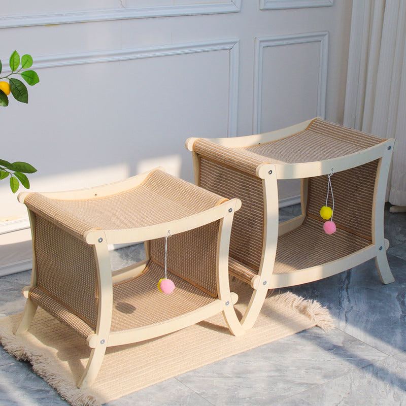 HKM-8547901 Double-Layered Solid Wood Cat Nest with Sisal Scratch Board for Comfort and Play